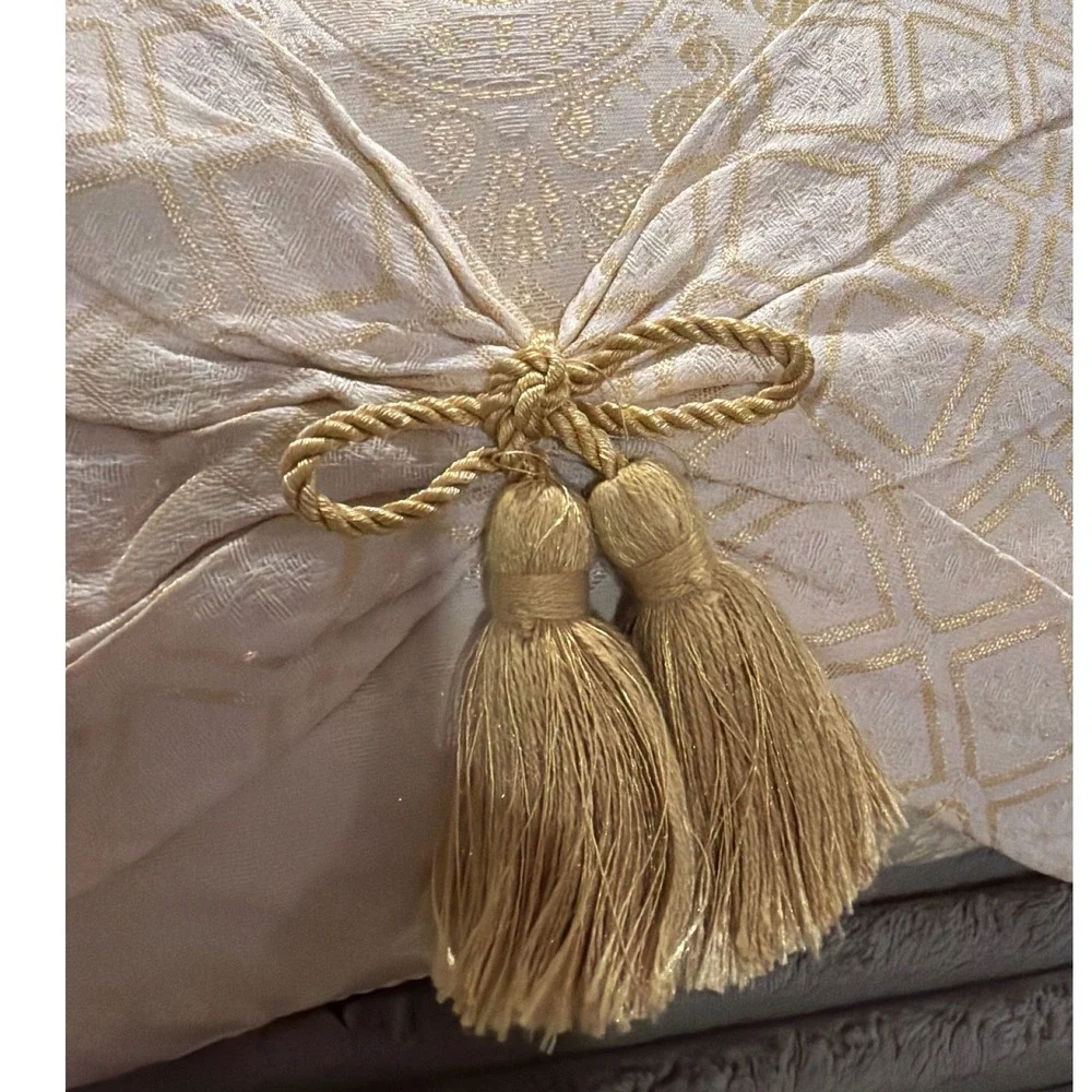 Cream Gold Damask Brocade Tassel Accent Pillow Pleated Front Pocket 14x10